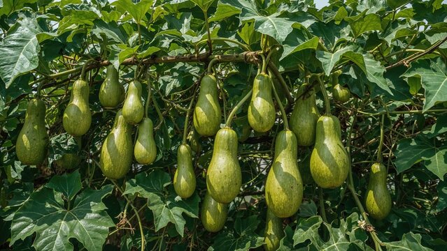 Newly harvested bottle gourd fruits, commonly referred to as opo squash or birdhouse gourd, growing on the plant.