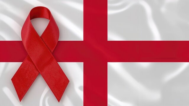 Red ribbon as a symbol of unity and remembrance in the fight against AIDS and HIV, set on an English flag background