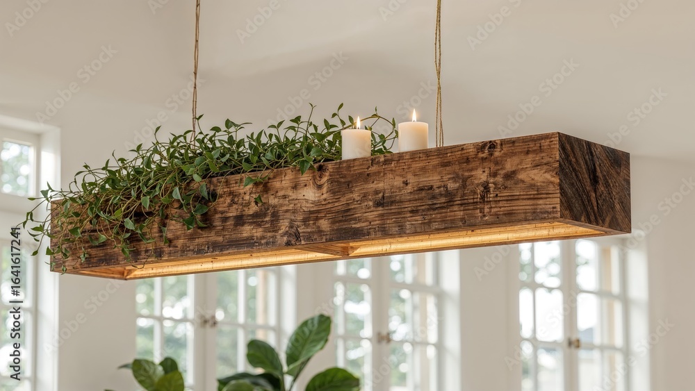 Poster ceiling light fixture made of wood with built-in led, featuring greenery and candles on top in a lum