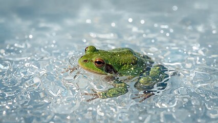 Frost-covered water sheltering a sleeping amphibian