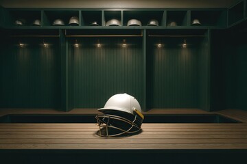 A lone cricket helmet sits in an empty changing room, an evocative atmosphere.