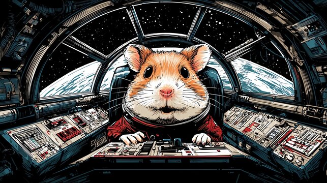 A whimsical hamster pilot operating a spaceship, exploring the vastness of space with curiosity and charm.