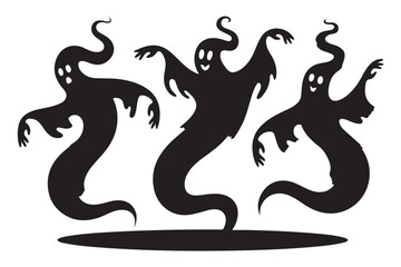 Three dancing silhouette ghosts halloween spooky vector illustration