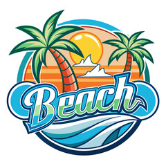 Obraz premium Vector art of vibrant beach graphic with palm trees, ocean waves, and the word beach, perfect for summer vacation and tropical travel promotions