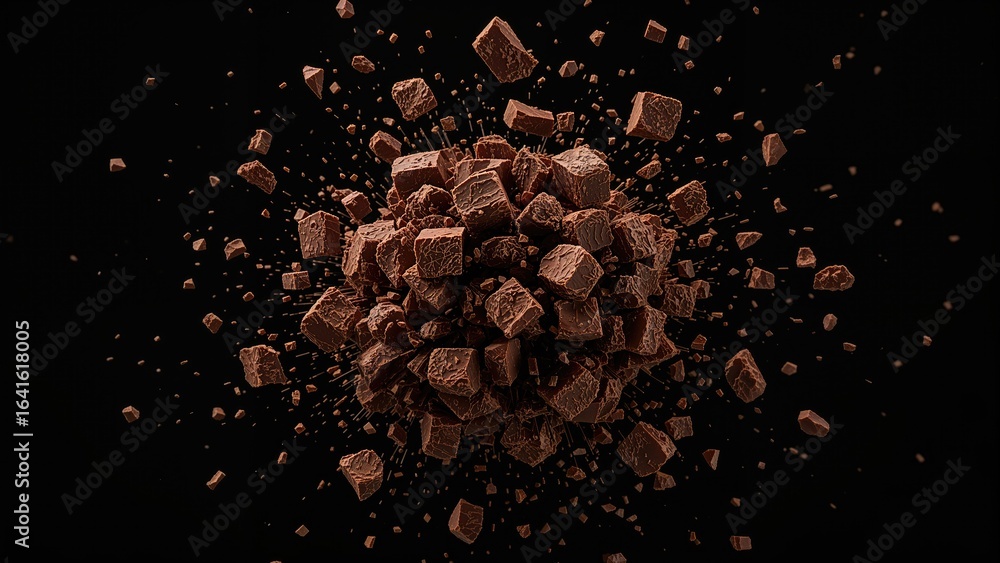 Poster isolated uncooked chocolate bits frozen in motion with a black background