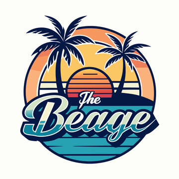 Vector art of the beage tropical paradise with palm trees and sunset, representing summer vacation and holiday destination with retro style text
