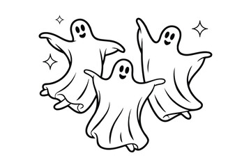 Three friendly ghosts dancing around with stars in monochrome