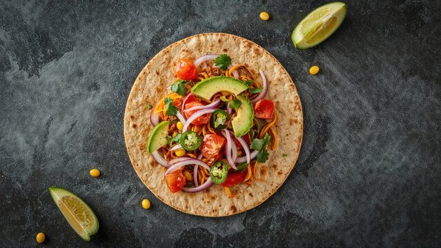 Flour tortilla taco featuring green chili, onions, and tomatoes