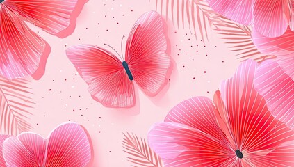 Delicate pink butterflies and flowers, tropical leaves, pastel background