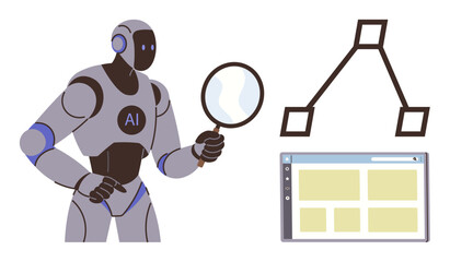 Futuristic robot examining data through a magnifying glass with a flowchart and computer interface. Ideal for AI analysis, data science, machine learning, automation, technology, innovation