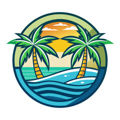 Vector art of round graphic depicting a serene tropical beach with two palm trees, gentle ocean waves, and a warm sunset sky