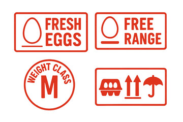 Fresh Egg Carton Marking Stamps Vector Set. Free Range, Medium Weight, Express Delivery, Food Safety, Farm Graphic Badge Collection. Red Egg Packaging Labels Isolated. Editable Commercial Icons.