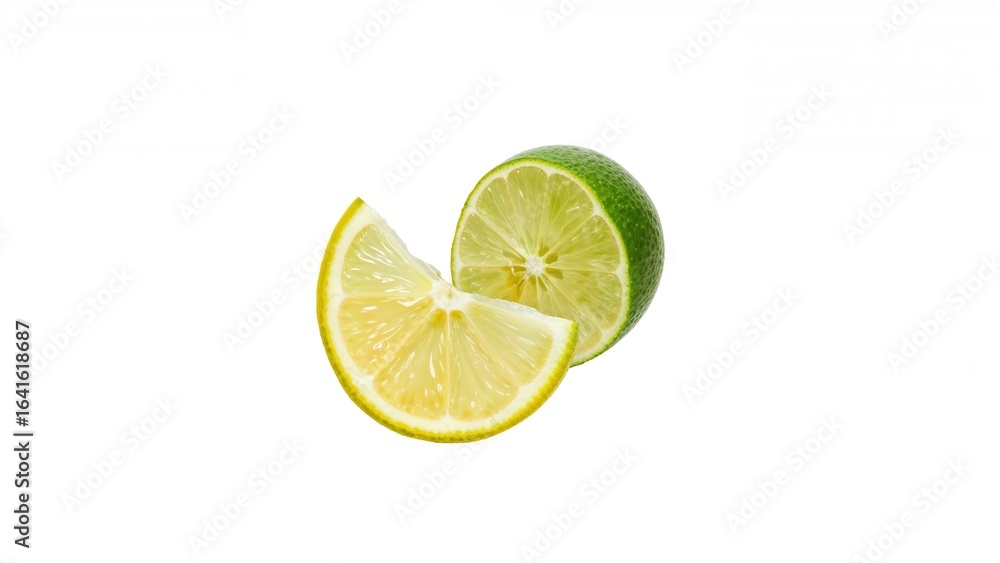 Poster floating and dropping lemon and lime portions separated on a white background with clipping path