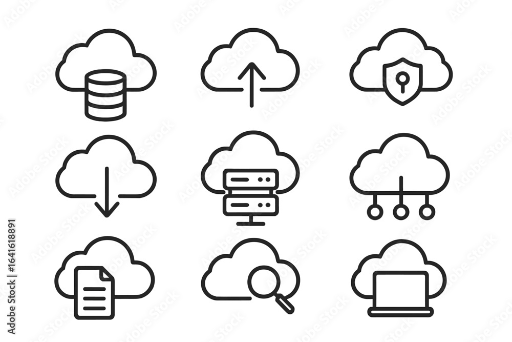 Poster cloud computing storage vector icons set. linear style digital database, data upload download, serve