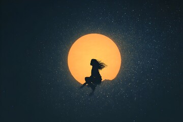 Naklejka premium A small silhouette of a woman with her hair blowing in the wind, sitting on a large bright planet, floating in the middle of dark space, small spots of light as stars fill the background