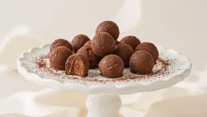 Handcrafted fresh energy truffle chocolates dusted with cocoa powder served on a dessert dish