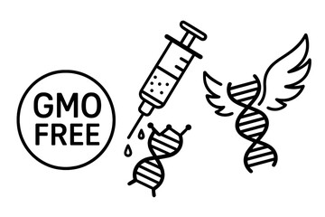 GMO Free Label, Non-GMO Syringe Injecting DNA, Angel DNA with Wings. Genetic Modification Food Packaging Concept. No Artificial Additives, No Flavor Enhancer. Healthy Food Symbol. Biotechnology Sign.