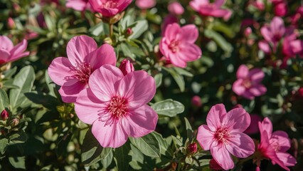 Fototapeta premium Radiant pink flowers mesmerize with graceful petals, basking in mild sunlight amid thriving greenery.