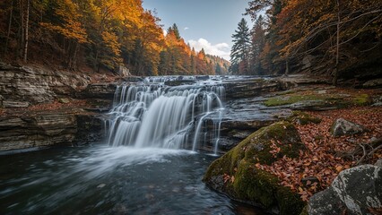 Prolonged exposure picture of a mountain cascade surrounded by autumn foliage.