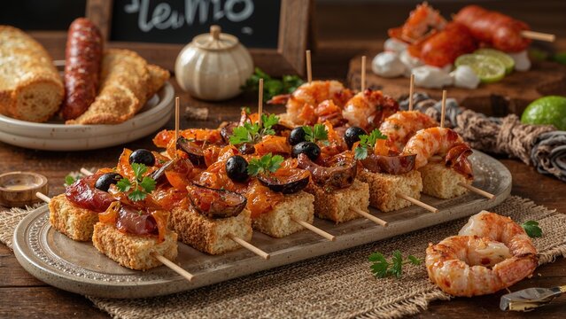 Variety of traditional tapas with chorizo sausages, olives, grilled eggplant, salmon, and marinated shrimp on baguette