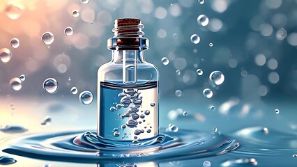 A glass bottle containing cosmetic essence with a pipette, filled with a clear liquid that has bubbles. This represents the idea of natural hydration cosmetics and skin care serums.