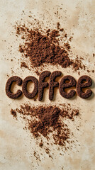 The word "coffee" spelled out with ground coffee on a textured background