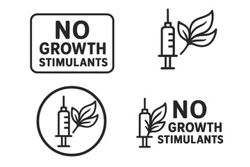 Natural product packaging concept with no growth stimulants label, injection icon with medicine and winged leaves symbolizing organic health and drug-free treatment vector set