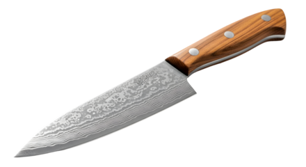 A sharp kitchen knife with a damascus steel blade and a wooden handle, perfect for culinary tasks and food preparation isolated on transparent background