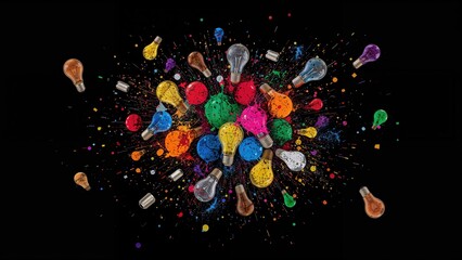 Colorful glowing bulbs exploding with powdery paint on black, representing creativity and fresh perspectives.