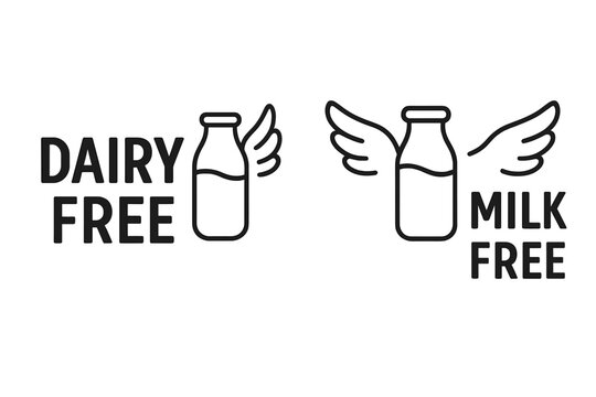 Dairy Free Milk Free Product Packaging Labels Vector Set. Conceptual Bottle with Wings Symbolizing Freedom from Dairy Ingredients. Vegan, Lactose Intolerance, Allergy Safe, Healthy, Minimalist Icons