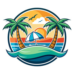 Vector art of tropical beach scene at sunset with palm trees, ocean waves, and a beach umbrella, evoking summer vacation vibes and coastal relaxation