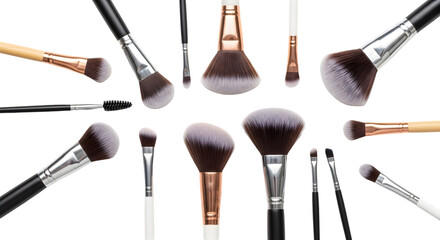 A collection of various makeup brushes and tools arranged in a circular pattern, isolated on a transparent background