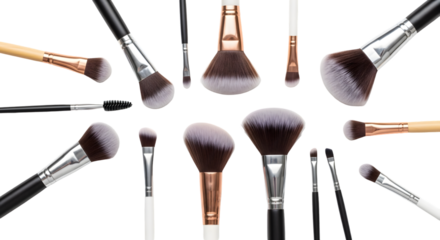 A collection of various makeup brushes and tools arranged in a circular pattern, isolated on a transparent background