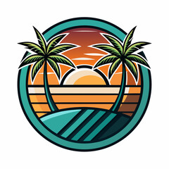 Fototapeta premium Vector art of idyllic tropical island scene featuring silhouette palm trees against a colorful sunset sky, perfect for summer vacation and beach holiday themes