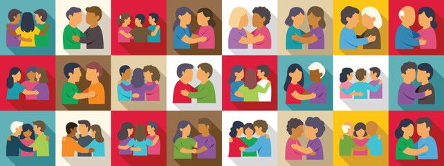 Team huddle icons set. Diverse group of people embracing, demonstrating affection, support, and togetherness