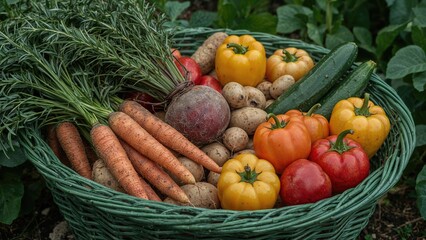 A collection of fresh organic vegetables and apples including carrots, beets, potatoes, cucumbers, tomatoes, and sweet peppers in a green basket.