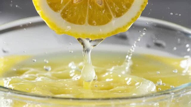 A ripe yellow lemon squeezed for fresh juice with a vibrant splash