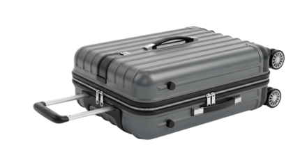 A gray, hardshell rolling suitcase with a retractable handle, positioned on its side, isolated on a transparent background