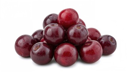 Bunch of ripe purple cherry plums set on a white background. Close-up image. Concept focusing on wholesome food. Beautiful organic fruit. Suitable for vegetarian diets. Square frame photo.