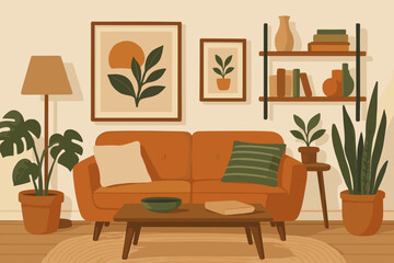 Cozy living room interior with orange sofa, botanical decor, green indoor plants, mid-century furniture, wall art, pillows, lamp, bookshelf, modern home design, warm atmosphere, calm relaxing vibe