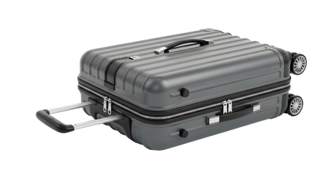 A gray, hardshell rolling suitcase with a retractable handle, positioned on its side, isolated on a transparent background