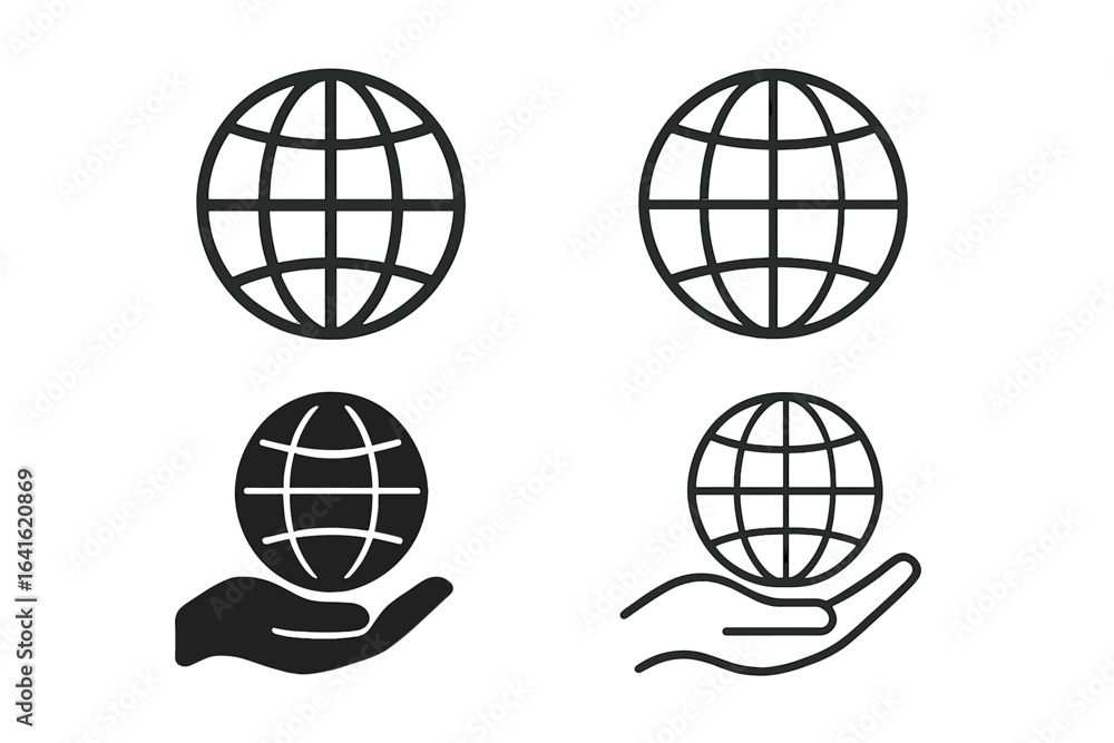 Poster globe icon set with web globe flat linear and silhouette styles, featuring globe with meridians held
