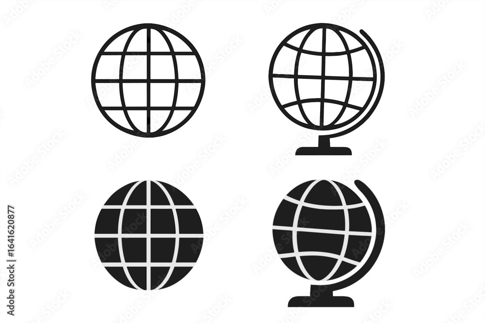 Poster global sphere icon set for web and graphic design. modern silhouette globe collection with meridians