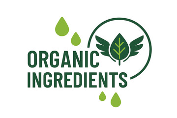Organic ingredients label vector. Leaf with wings icon for natural product packaging. Eco friendly food, green drops, farm produce, healthy nutrition. Bio certificate, clean source, pure components.