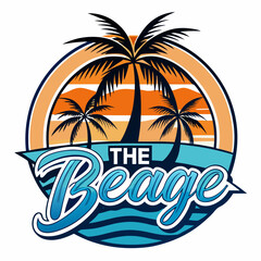 Fototapeta premium Vector art of the beage logo with multiple palm trees at sunset over the ocean, a circular design element evoking a tropical beach vacation and seaside adventure