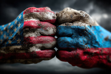 Two fists painted with the flags of the USA and Russia facing each other