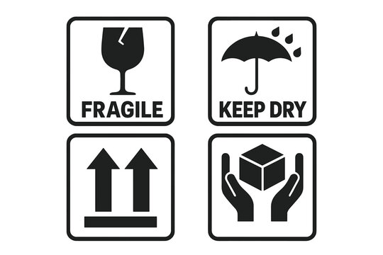 Fragile package handling icon set, handle with care logistics, shipping labels, fragile box sign, keep dry umbrella, cargo warning symbols, parcel protection vector, delivery package safety