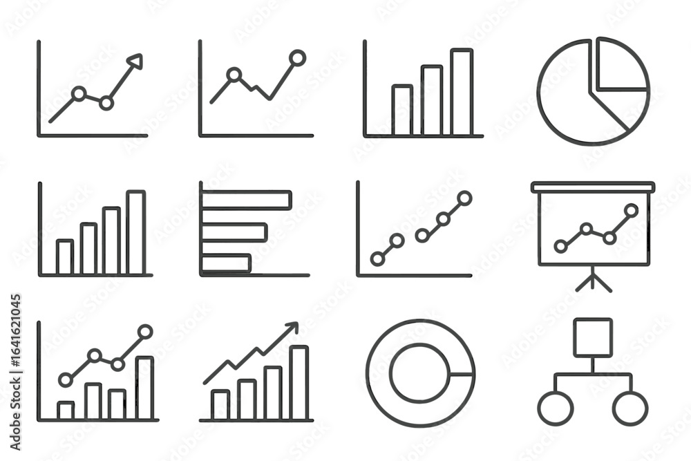 Poster Line and Bar Graph Chart Diagram Icon Set for Business Analytics, Finance Statistics and Data Visualization, Outline Vector Pack, Web Dashboard, Trend Analysis, Infographic Elements, Reporting Tools