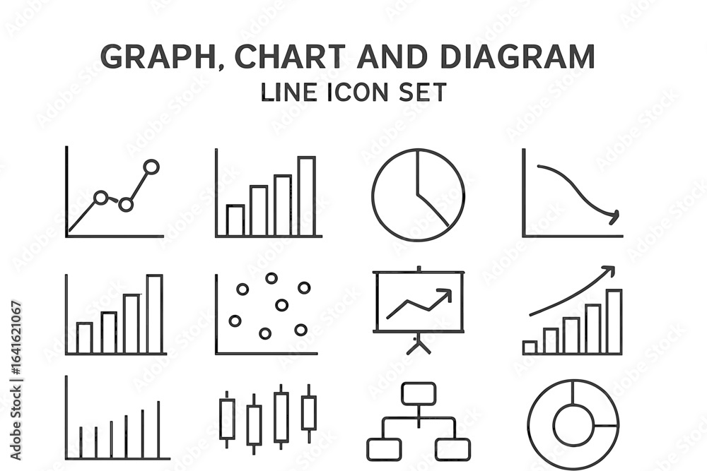 Poster line icon set of graphs, charts, and diagrams for business and finance, static analytical economic c