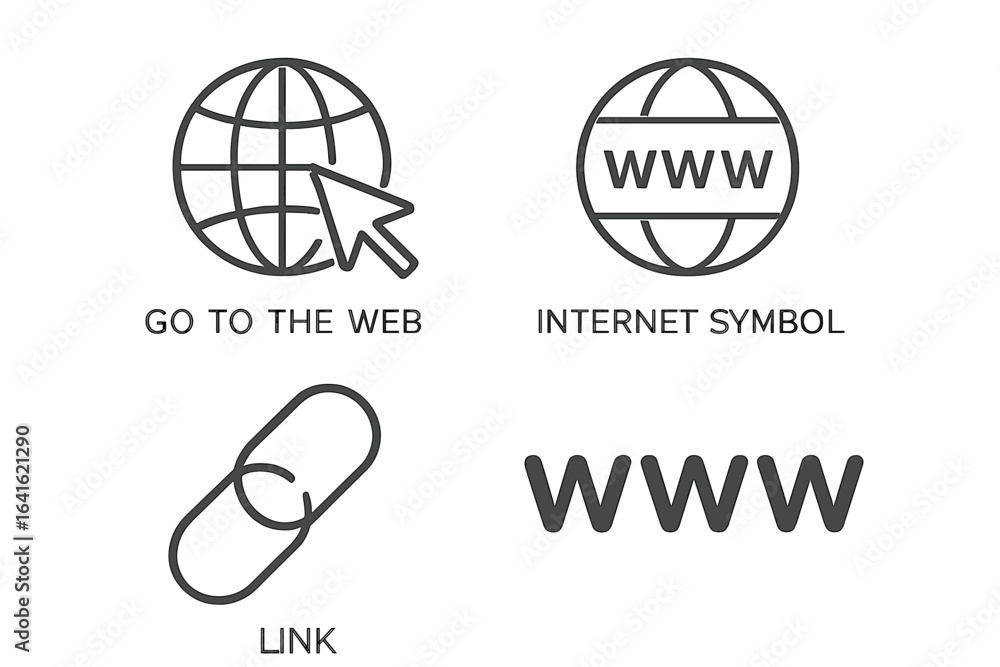 Poster website and internet vector icon collection. modern flat linear design. go to web, link, www, intern